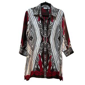 CHICO'S Black/Red/White Geometric 100% Silk 3/4 Length Sleeve Tunic Shirt Sz 1 (